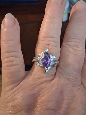 Marquise Cut Amythyst and CZ Ring in Nickel Free Sterling Plated Size 7